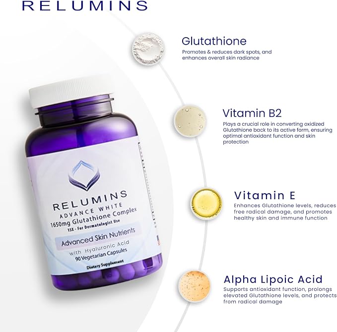 Relumins 1650mg L-Glutathione Complex with Hyaluronic Acid, Alpha Lipoic Acid, Rose HIPS, Vitamin E & Riboflavin – Antioxidant Support, Skin Hydration & Wellness – 90 Veggie Capsules x 2 Bottles