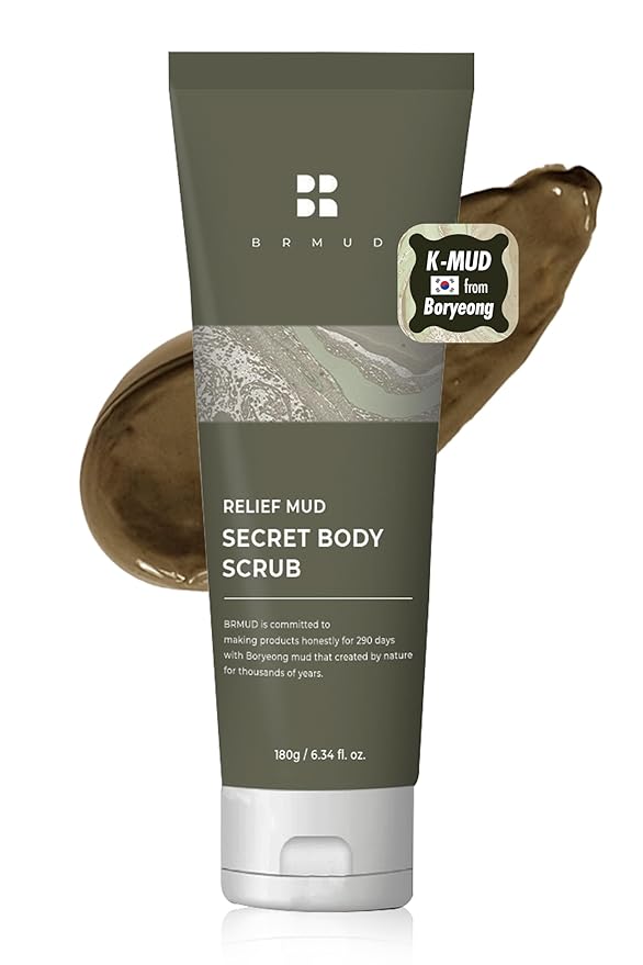 Relief Mud Secret Body Scrub | Korean Body Wash Scrub Exfoliator for Ingrown Hair & Razor Bumps | After Waxing Care Feminine Wash w/Brown Sugar | for Sensitive Skin (6.34 fl oz)