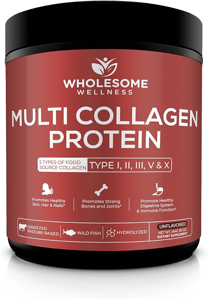 Wholesome Wellness Multi Collagen Protein Powder Hydrolyzed (Type I II III V X) Grass-Fed All-in-One Super Bone Broth + Peptides - Premium Blend of Beef, Chicken, Wild Fish, Eggshell, 58 Servings