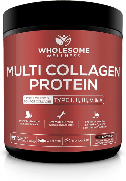 Wholesome Wellness Multi Collagen Protein Powder Hydrolyzed (Type I II III V X) Grass-Fed All-in-One Super Bone Broth + Peptides - Premium Blend of Beef, Chicken, Wild Fish, Eggshell, 58 Servings