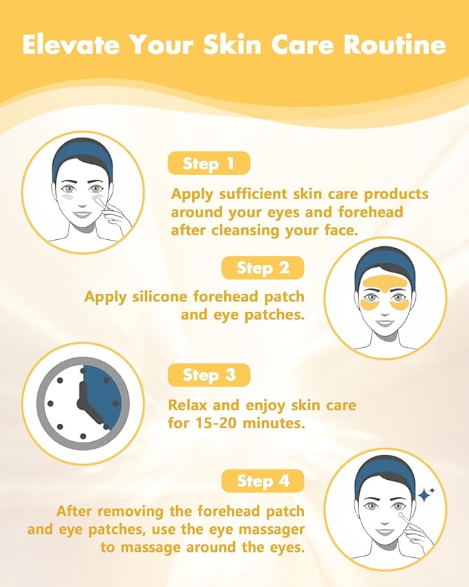 Silicone Forehead Wrinkle Patch - Non-Glue Reusable Forehead Wrinkle Patch and Eye Patches Set, Silicone Patches for Wrinkles, For Use with Face Cream or Lotion, Metal Eye Massage Stick&Tin Case, Gold