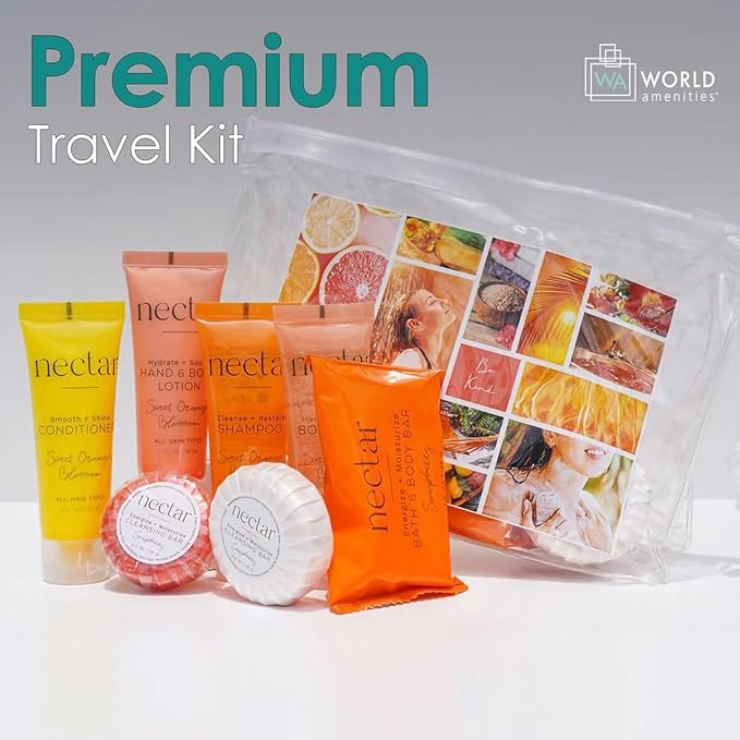 Nectar Mini Travel Size Toiletries Bathroom Kit | Sweet Orange Blossom| Shampoo, Conditioner, Body Wash, Lotion, Two Round Cleansing Bars and Body Bar