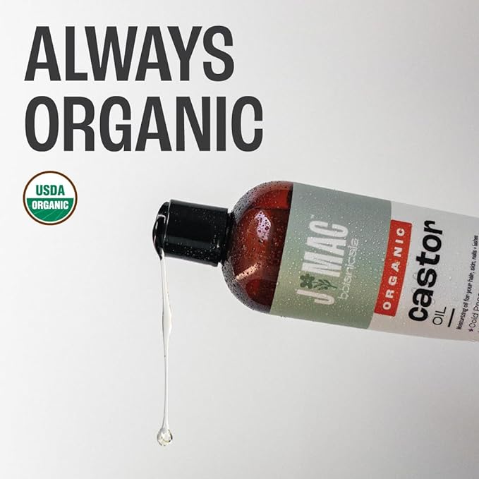 J Mac Botanicals Organic Castor Oil (8 oz) Cold Pressed, BPA Free, Castor hexane free, for face, skin, eyelashes, Certified USDA Organic