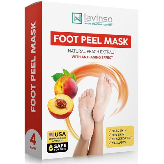 Lavinso Peach Foot Peel Mask for Dry Cracked Feet - 4 Pack - Dead Skin Remover Foot Mask for Cracked Feet and Callus - Exfoliating Feet Peeling Mask for Soft Baby Feet