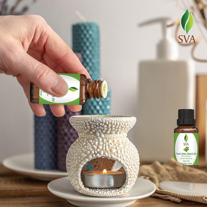 SVA Holy Tulsi Essential Oil – 1/3 Fl Oz – 100% Natural Tulsi Oil - for Diffuser, Hair Care, Face, Skin Care, Aromatherapy, Scalp and Body Massage, Soap and Candle Making