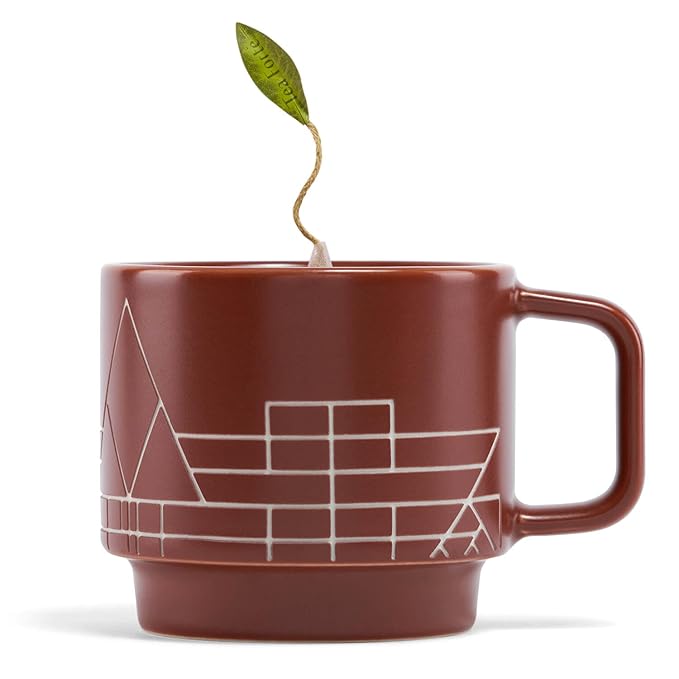 Tea Forte Frank Lloyd Wright 3-Piece Mother's Day Tea Gift Set with Sienna Stoneware Cup with Tea Tray and 10 Count Mini Presentation Box, 2 of Each Blend Handcrafted Pyramid Infuser Tea Bags
