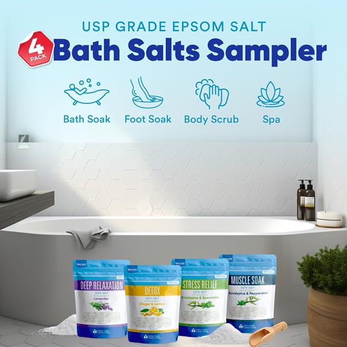 Bath Salts Sampler (4-Pack of 2-lbs) Variety Bath Soaks with Bamboo Scoop