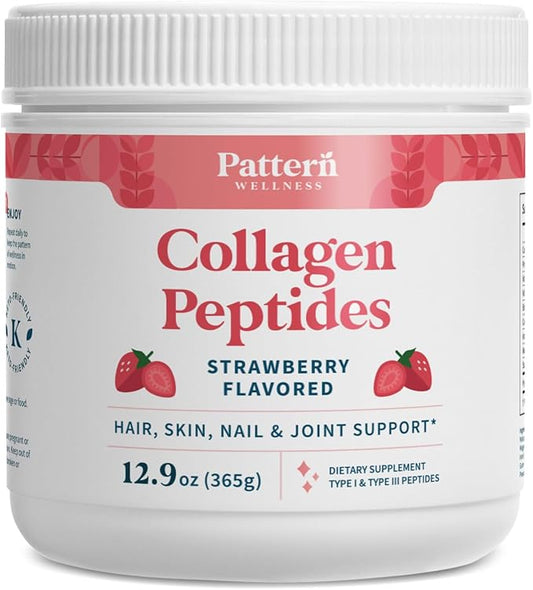 Pattern Wellness Collagen Peptides Powder (Type I & III) - Hair, Nails, Skin and Joint Health - Grass Fed & Pasture Raised - Hydrolyzed Collagen, Non-GMO, Dairy Free, & Keto - Strawberry (13 Oz)