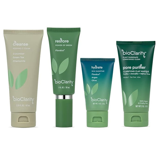 BioClarity 3-Step Essentials Skin Care Routine with Clarifying Mask for Normal and Oily Skin Types | Cleanse, Restore, Moisturize, Hydrate | 100% Clean Vegan Ingredients | Mini Size