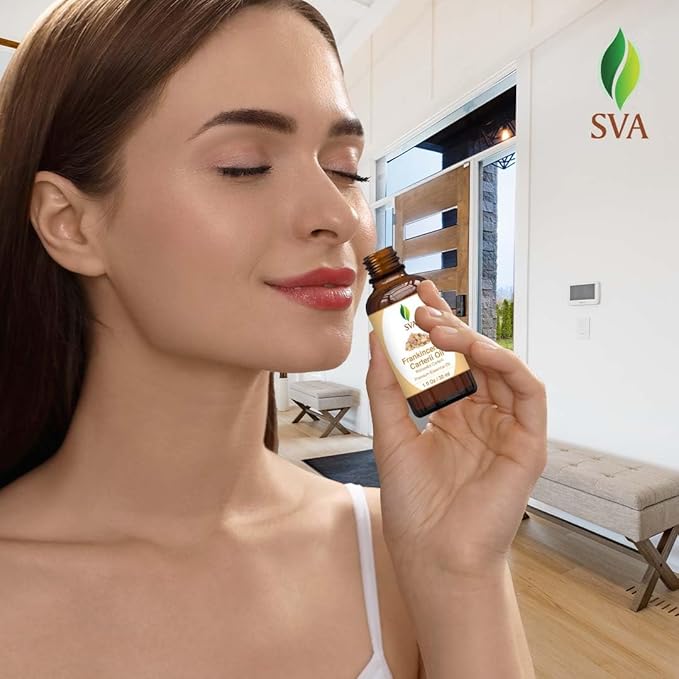 SVA Frankincense Essential Oil – 1 Fl Oz – 100% Natural Boswellia Carterii Oil - for Diffuser, Hair Care, Face, Skin Care, Aromatherapy, Scalp and Body Massage, Soap and Candle Making – with Dropper