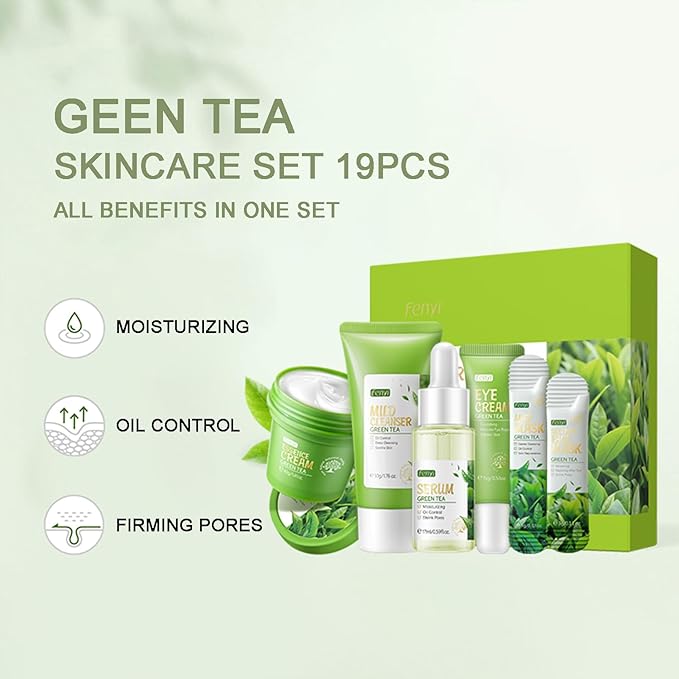 Green Tea Skin Care Kit Teenage Girls Gifts, 19-In-1 Facial Skin Care Routine Set Kit for Women/Girls, Hydrating Teen Skincare Set Control Oil, Christmas Gifts for Women Stocking Stuffers