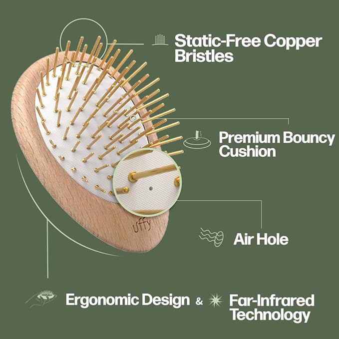 Uffy Acubrusher – 24K Gold-Plated Gua Sha Hair Brush - Ergonomic Scalp Massager for Dandruff & Hair Growth, Suitable for All Hair Types - Ideal Gift for Mom in Walnut Wood
