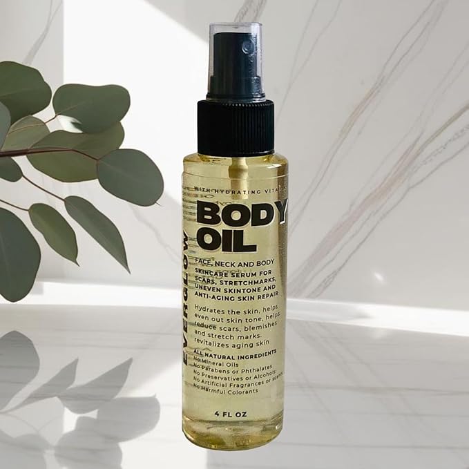 BODY OIL -Moisturizing Face, Neck and Body Skincare Serum for Scars, Stretchmarks, Uneven Skin Tone and Anti-Aging Skin Repair. All Natural 4oz Spray