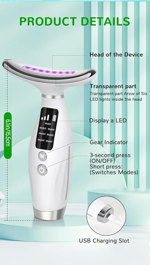 7-in-1 Neck and Face Grooming Device with Red Light Therapy, 3 Vibration Modes and Ergonomic Design to Firm Skin and Eliminate Wrinkles