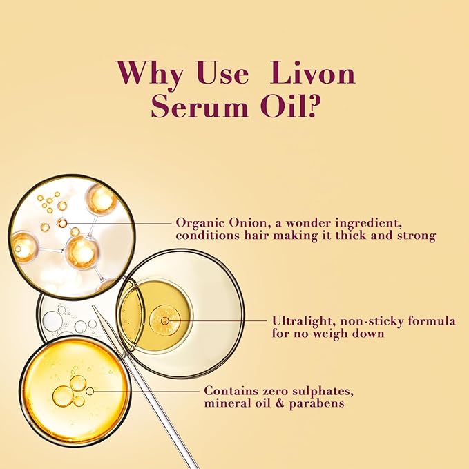 Livon Hair Serum for Men & Women | Sulphate & Paraben free| For All Hair Types | Lightweight & Non Greasy | Organic Onion Repairing Serum Oil | Enriched with Almond & Floral Extracts | 3.3 Fl. oz