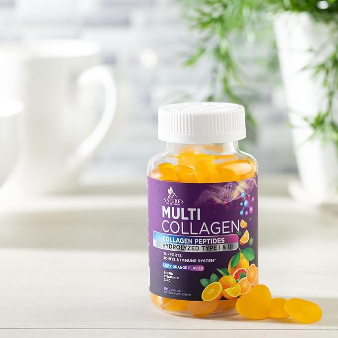 Collagen Gummies for Women with Vitamin C, Zinc & Biotin - Hydrolyzed Protein Type 1 & 3 Multi Collagen Peptides Supplement - Support for Hair, Skin, Nails & Joints, Gluten Free Complex - 60 Gummies