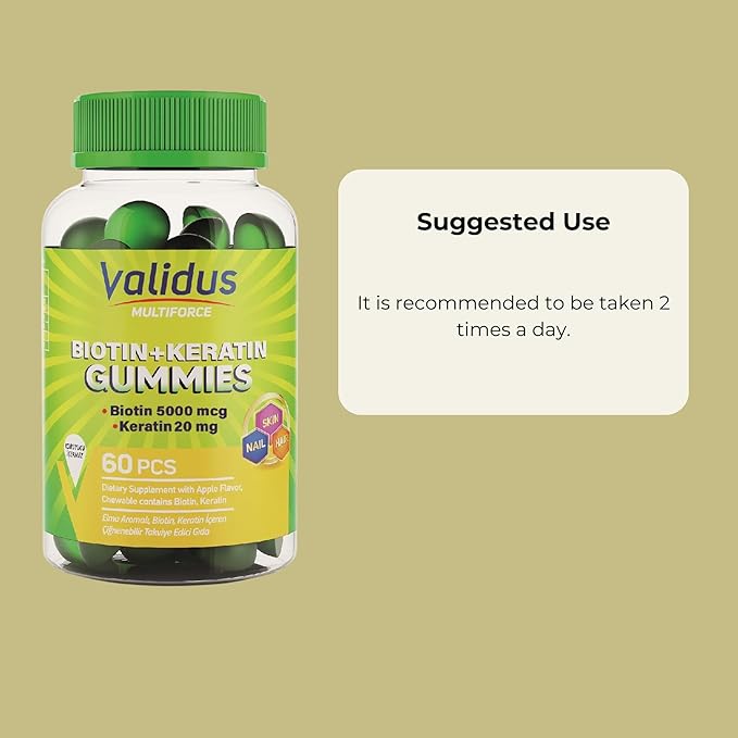 Validus Premium Biotin + Keratin Gummies for Hair, Skin & Nail Support – 60 Vegan Gummies w/ 5000mcg Biotin & Natural Keratin for Healthy Hair Growth, Strong Nails & Radiant Skin, Non-GMO, Gluten-Free