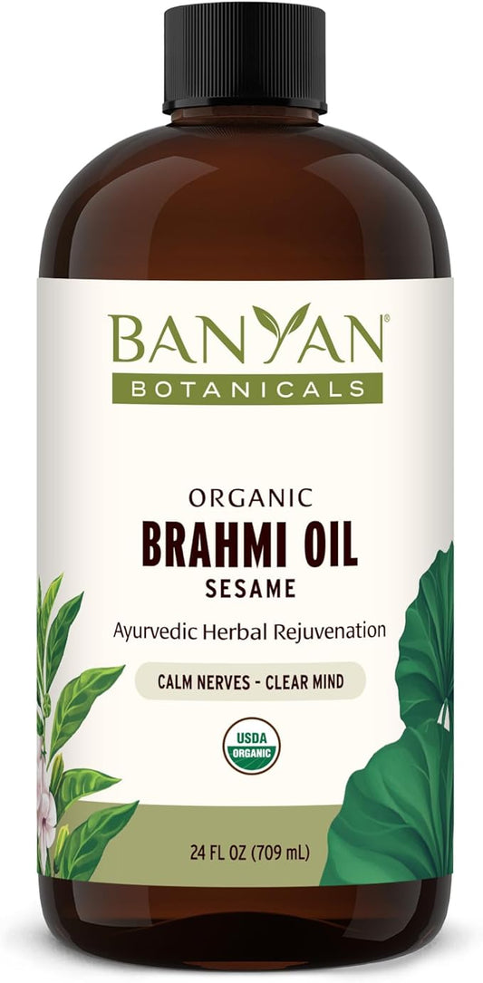 Banyan Botanicals Brahmi Oil with Sesame – Organic Ayurvedic Massage Oil with Gotu Kola and Bacopa ­­– Calming Massage Oil for Focus & Relaxation – 24 oz – Non GMO Sustainably Sourced Abhyanga Oil