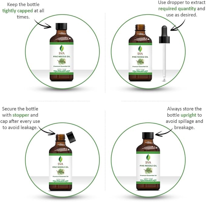 SVA Pine Needle Essential Oil – 4 Fl Oz – 100% Natural Pine Needle Oil - for Diffuser, Hair Care, Face, Skin Care, Aromatherapy, Scalp and Body Massage, Soap and Candle Making – with Dropper