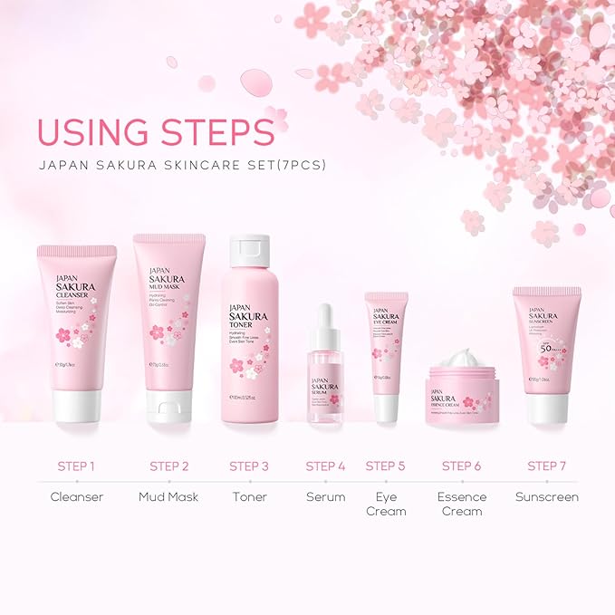 Skin Care Set JAPAN-SAKURA Women Beauty Gift Sets Skin Care Kit, Self-Care Skincare Set: Cleanser,Toner,Serum,Cream,Mud Mask,Eye Cream,Sunscreen, Facial Kit for Women Teen Girls Mom Daughter 7pcs