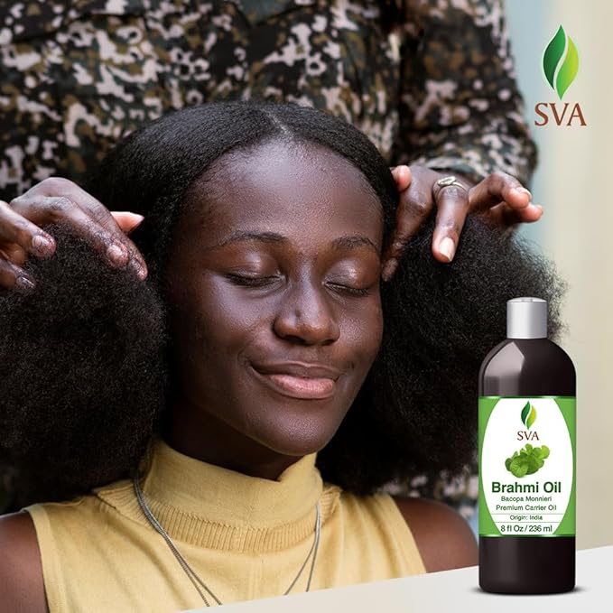 SVA Brahmi Oil - 8 Fl Oz – 100% Natural Cold Pressed Brahmi Oil - for Face, Skin Care, Hair Care, Scalp Massage & Body Massage – Carrier Oil with Pump
