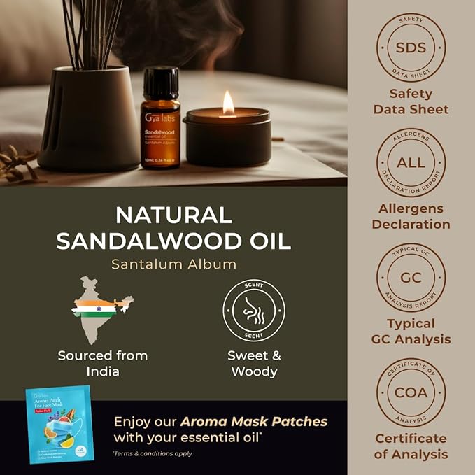 Gya Labs Sandalwood Essential Oils for Diffuser - 0.34 Fl Oz - 100% Pure Natural Sandalwood Oil for Skin, Hair, Massage Perfume & Candle Making Scent
