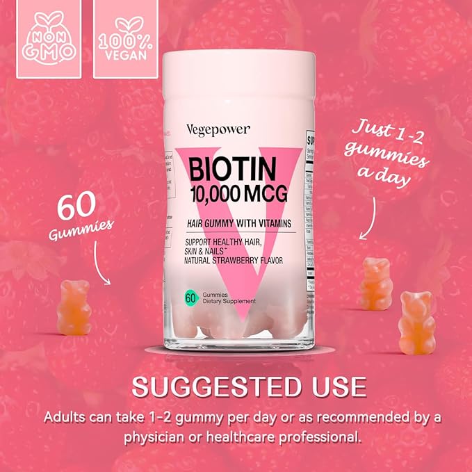 Biotin Gummies for Hair Growth 10000mcg - Vegan Biotin Vitamins Supports Healthy Hair, Skin and Nails, Hair Vitamin Gummy for Women & Men - Non-GMO, Chewable Supplement