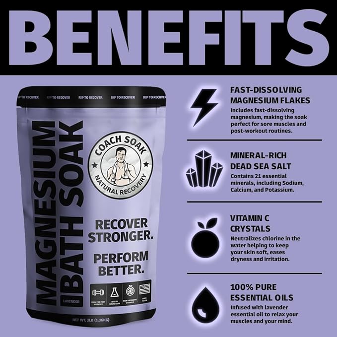 5 Pack Bundle: Coach Soak Recovery Bath Soak, Epsom Salt Bulk - Bath Salts Bulk, 5 Pack Bundle - Total of 15 Pounds (Lavender)