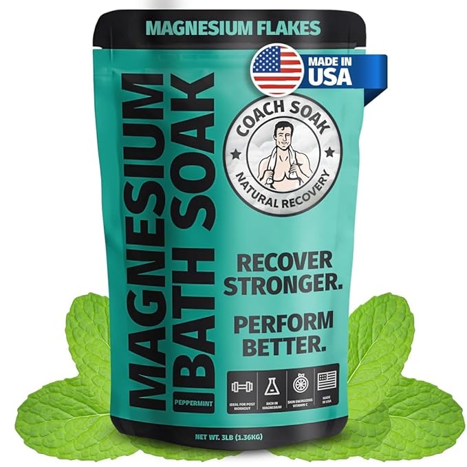 Coach Soak: Recovery Bath Soak - Fast-Absorbing Magnesium Flakes - Bath Salts with 21 Minerals & Essential Oils for a Rejuvenating Post-Workout Soak - Made in USA (Cooling Peppermint)