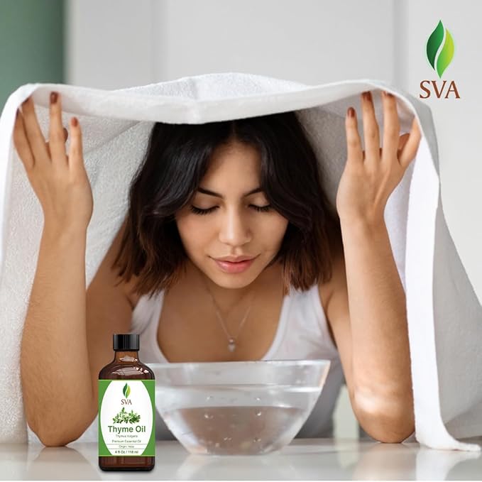 SVA Thyme Essential Oil – 4 Fl Oz – 100% Natural Thyme Oil - for Diffuser, Hair Care, Face, Skin Care, Aromatherapy, Scalp and Body Massage, Soap and Candle Making – with Dropper