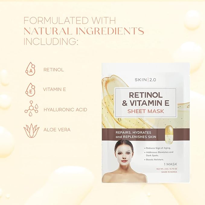 Retinol & Vitamin E Sheet Mask - Anti-Aging, Acne Scar & Hyperpigmentation - Hydrating, Dermatologist Tested Korean Skincare - Clean Beauty, Cruelty-Free, All Skin Types - 5 Masks