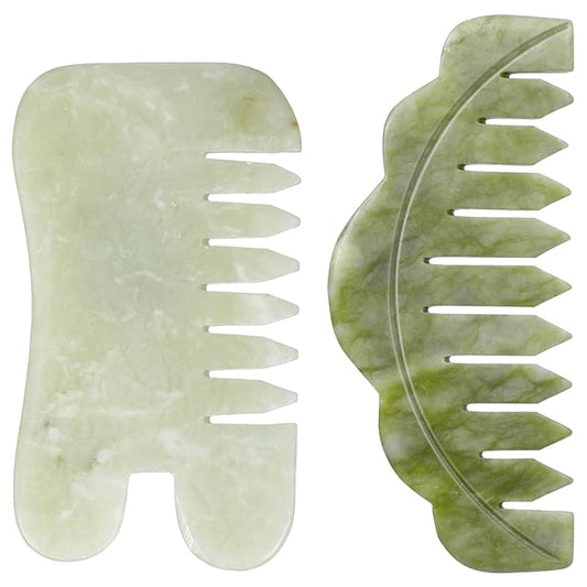 Geiserailie 2 Pieces Jade Combs Massage Stone Hair Gua Sha Scraping Scalp Comb Facial Massage Tool Multifunctional Handheld Head Tools Head Caring Therapy Mother's Day Gift(Chic Style)