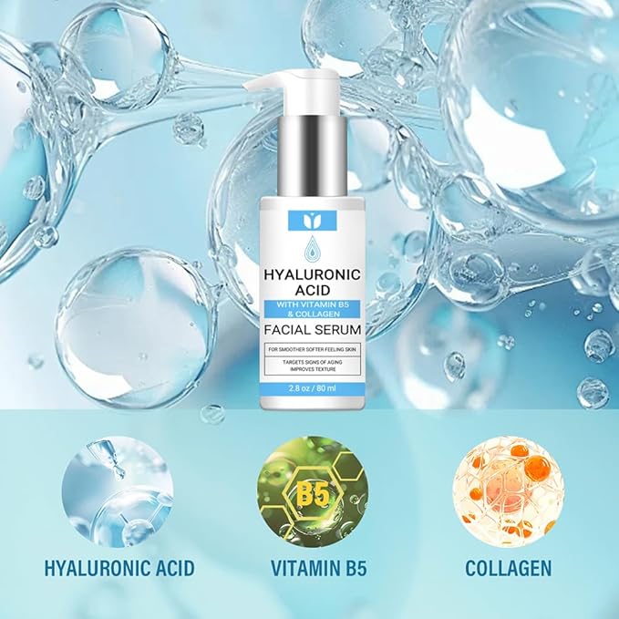 Hyaluronic Acid Serum for Face with Collagen & Vitamin B5, Hydrating, Plumping, Anti-Aging Serum for Wrinkles & Fine Lines, Locks in Moisture, All Skin Types, Hylunaric Acid Serum 2.8oz (2.8 oz, 80ml)