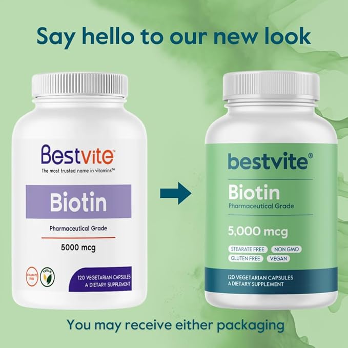 BESTVITE Biotin 5000mcg (120 Vegetarian Capsules) - No Stearates - No Flow Agents - Vegan - Non GMO - Gluten Free - Hair, Skin, Nails