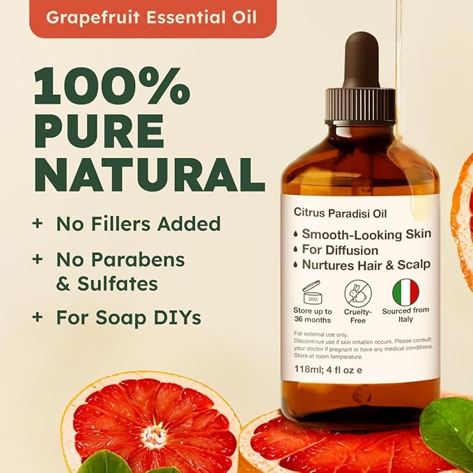 Kukka Grapefruit Essential Oil for Skin - 4 Fl Oz - 100% Natural Aromatherapy Grapefruit Oil for Diffuser & Hair - Soap Making Scent & DIY