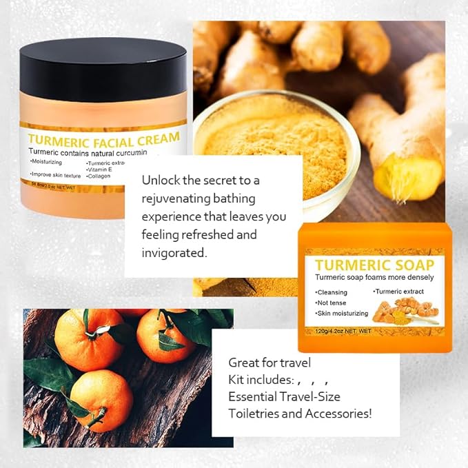 4 Packs Turmeric Serum,Turmeric Soap,Turmeric Body Lotion,Turmeric Facial Cream with Vitamin C, Vitamin E, Collagen,Hyaluronic Acid for Reduces Dark Spots