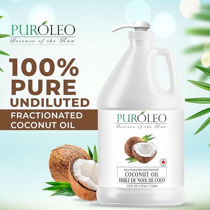 PUROLEO Fractionated Coconut Oil 128 Fl Oz/3784 ML (Packed In Canada) 100% Natural and odorless Moisturizer & Carrier Oil l Hair Skin Body, Aromatherapy, Massage, Makeup Remover