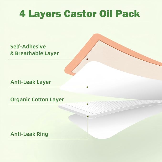 30Pcs Adhesive Castor Oil Patch with 7oz Organic Castor Oil Cold Pressed, Cotton Caster Oil Pack Wrap for Waist Back Neck Arm Belly