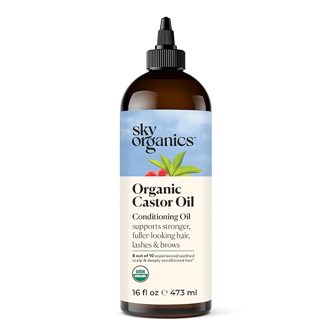 Sky Organics Organic Castor Oil for Hair, Lashes & Brows 100% Pure & Cold-Pressed USDA Certified Organic to Strengthen, Moisturize & Condition, 16 fl. Oz
