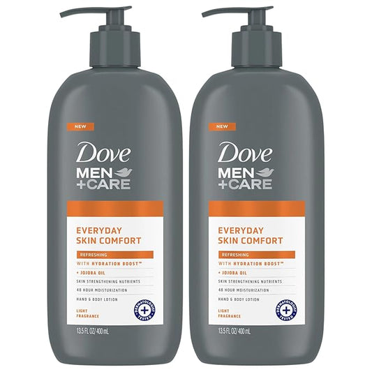 Dove Hand & Body Lotion, Men+Care Value Pack – Everyday Skin Comfort Formula with Shea Butter & Jojoba Oil, Refreshing Lotion for Dry Skin, 13.5 Fl Oz (Pack of 2)