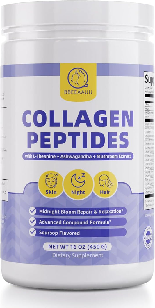 Collagen Peptides Powder for Women & Men, Marine Collagen Supplements with Hydrolyzed Type I & V, L-Theanine, Ashwagandha, 6 Mushroom Extract, Supports Night, Skin, Hair, Nail, Joint