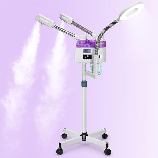 3 in 1 Facial Steamer,Professional Facial Steamer with 5X Magnifying LED Lamp, Esthetician Steamer with Hot & Cold Mist, Face Steamer On Wheels for Salon Spa Beauty Skin Care