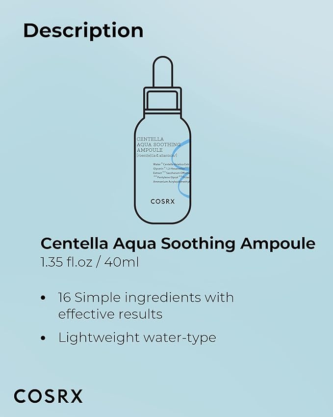 COSRX Centella Aqua Soothing Ampoule, Centella Asiatica Cica Serum, Korean Skin Care, 1.35 Fl oZ, For Sensitive Skin, Daily Skin Serum, Paraben Free, No Animal Testing