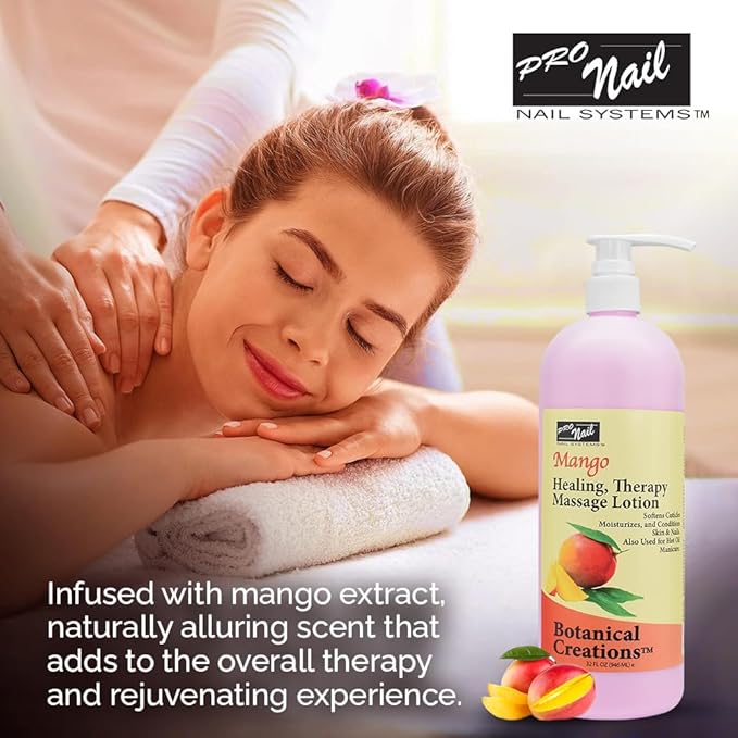 PRO NAIL - Healing Therapy Massage Lotion - Professional Pedicure, Body and Hot Oil Manicure, Infused with Natural Oils, Vitamins, Panthenol and Amino Acids (Mango, 32 Ounce)