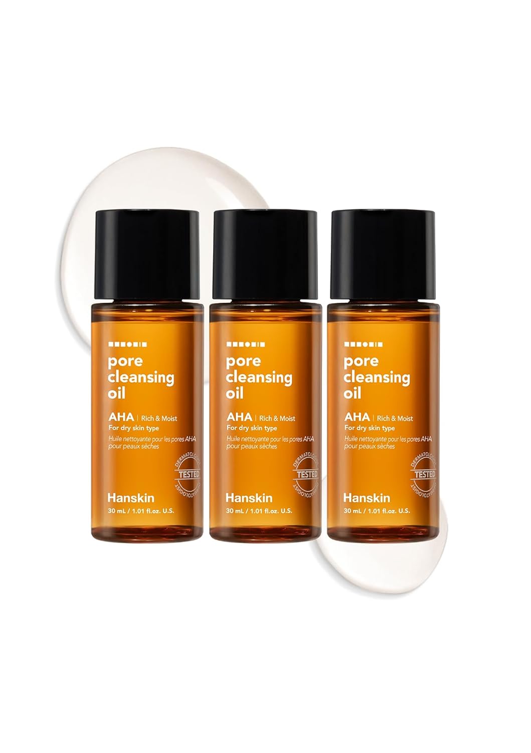 Hanskin Alpha Hydroxy Acid Pore Cleansing Oil, Sample Trial Mini Size, Exfoliating Makeup Remover Facial Cleanser Set, Moisturizing [30 ml/Pack of 3]