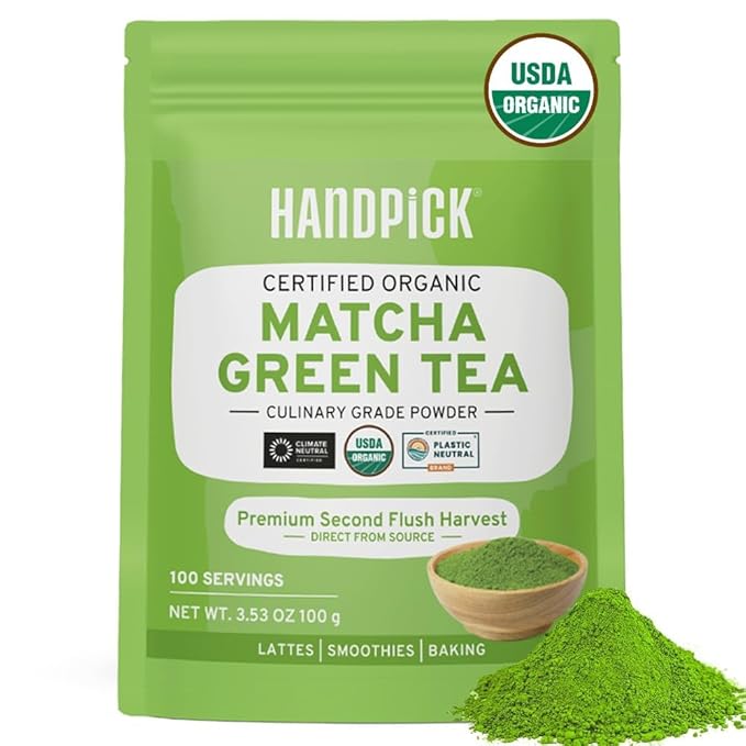 HANDPICK Japanese Organic Matcha Green Tea Powder (100 Servings) - Authentic Premium Second Flush Harvest | Resealable Ziplock Pouch