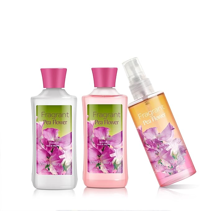 Bath & Body Care Travel Set Pea Flower Scent Home Spa Set with Body Lotion, Shower Gel and Fragrance Mist