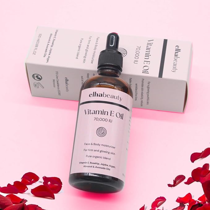 Elhabeauty Vitamin E Oil 70,000 IU, Face & Body Moisturizer, with Rosehip, Jojoba, Almond and Avocado Oils, for a firm and healthy Skin, 3.88 fl oz