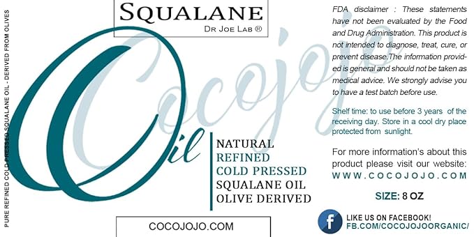 Dr Joe Lab Squalane Oil Pure Plant Derived Refined Cold Pressed Squalene From Olives Vegan Undiluted Bulk Carrier Oil for Face Skin Hair Body Cosmetics Natural Cleanser Moisturizer (8 oz)