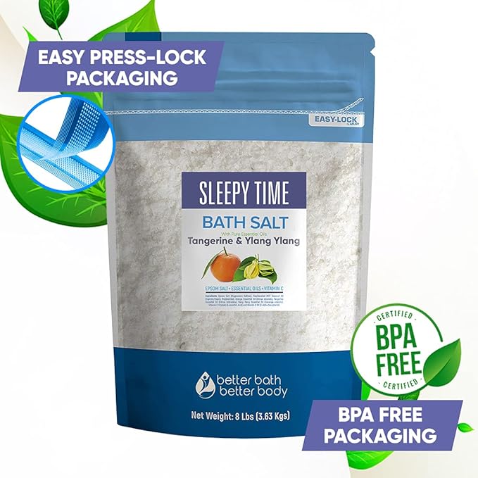 Sleepy Time Bath Salt 128 Ounces (8 Lbs) Epsom Salt with Natural Tangerine and Ylang Ylang Essential Oils Plus Vitamin C in BPE Free Bulk Size Pouch with Easy Press Lock Seal Made in USA